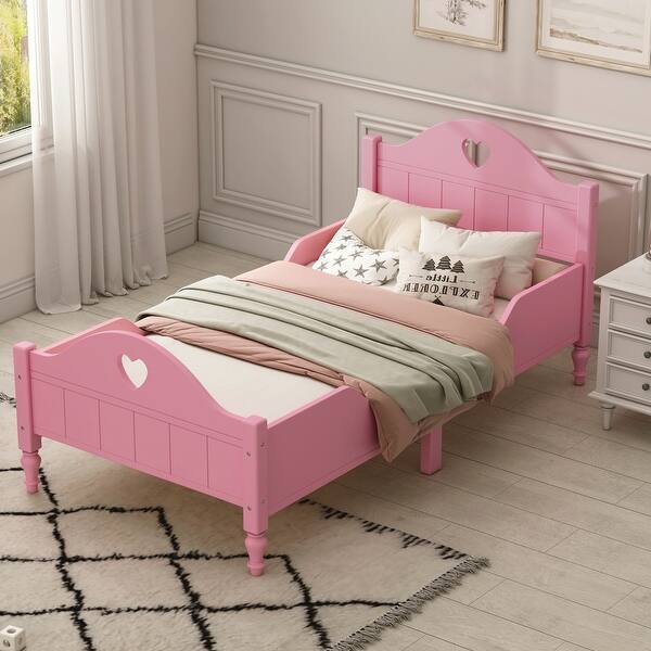 slide 2 of 8, Light Pink Solid Wood Macaron Twin Toddler Platform Bed, Safety Rails, Kid-Friendly Height