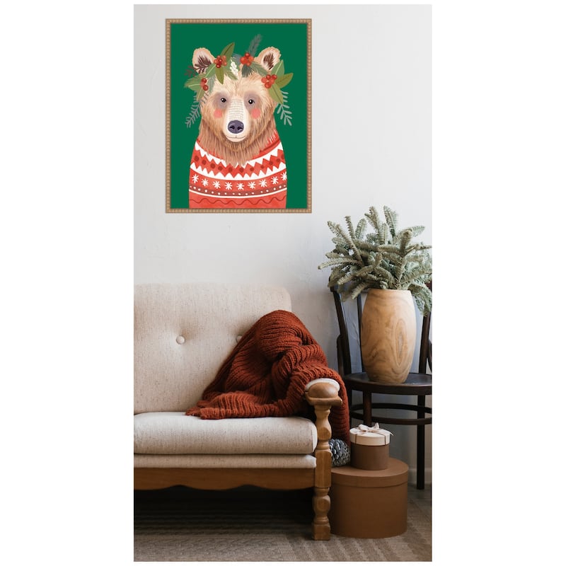 Kate and Laurel Sylvie Beaded Christmas Bear Framed Canvas by Mia Charro