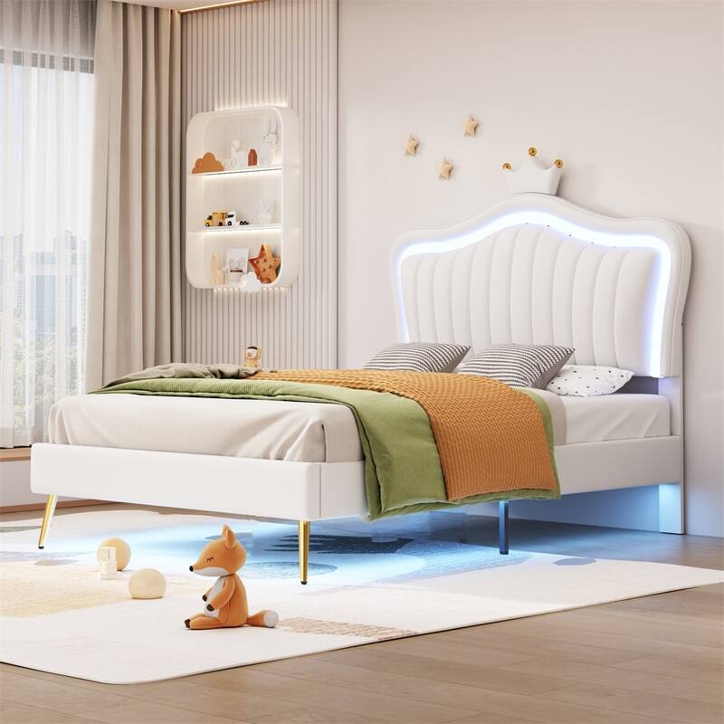 Twin Size Upholstered Bed Frame with LED Lights, Crown Headboard