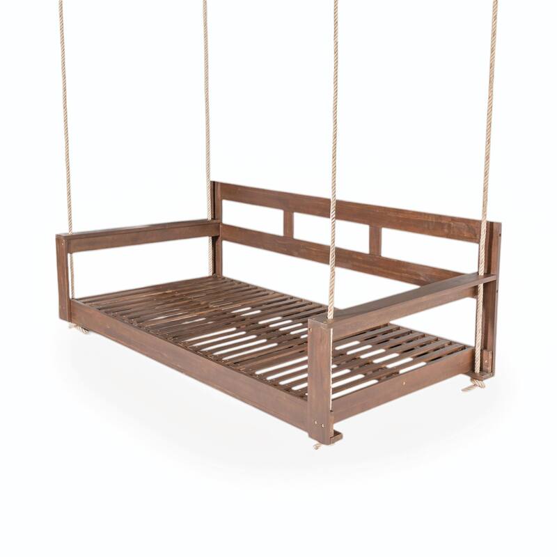 Patio Wooden Twin Size Porch Swing Daybed Frame, Garden Swing Bench Chair with 4 Hanging Ropes
