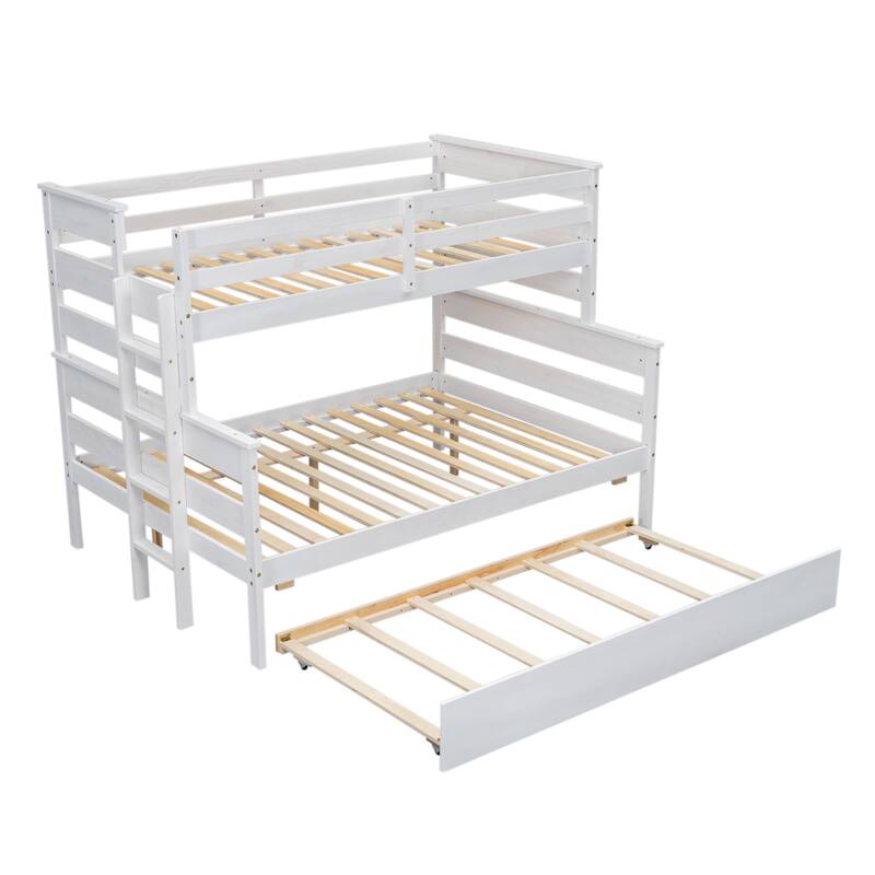 White Twin over Full Bunk Bed with Twin Trundle, Space-Saving Pine Wood & MDF Design
