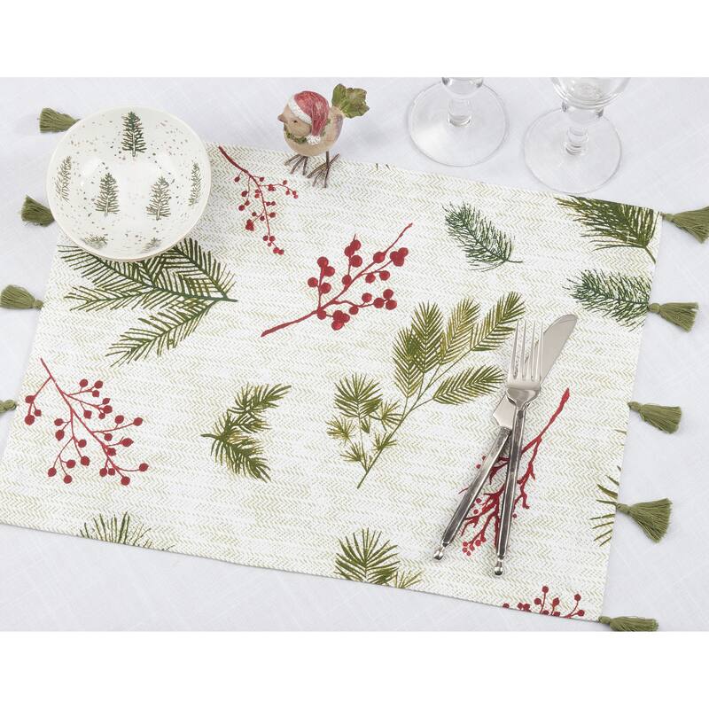 Holiday Placemats With Pine needle and Red Berry Design (Set of 4)