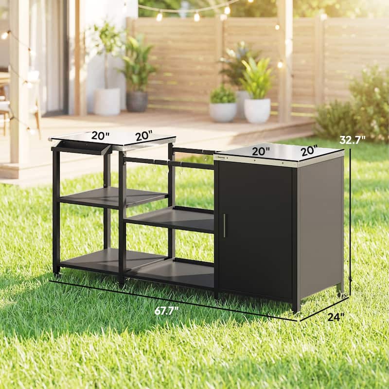 Outsunny Grill Table for Big Green Egg Grill, Heavy Duty Metal BBQ Prep Table with Stainless Steel Top, Storage Cabinet
