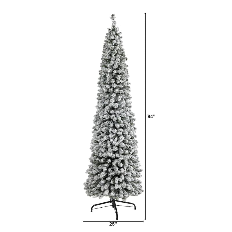 7ft. Flocked Pencil Artificial Christmas Tree with 574 Branches - Sleek Winter Wonderland Holiday X-Mas Tree