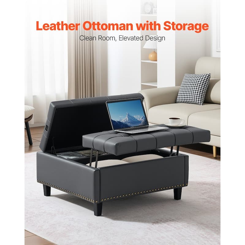Tufted Lift Top Storage Ottoman Elegant Gray PU Leather with Hidden Compartment Child Safe Hinges