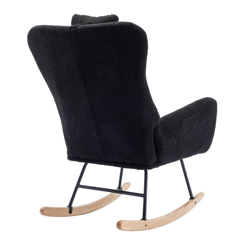 Teddy Fabric Wingback Rocking Chair for Nursery with Safe Solid Wood Base