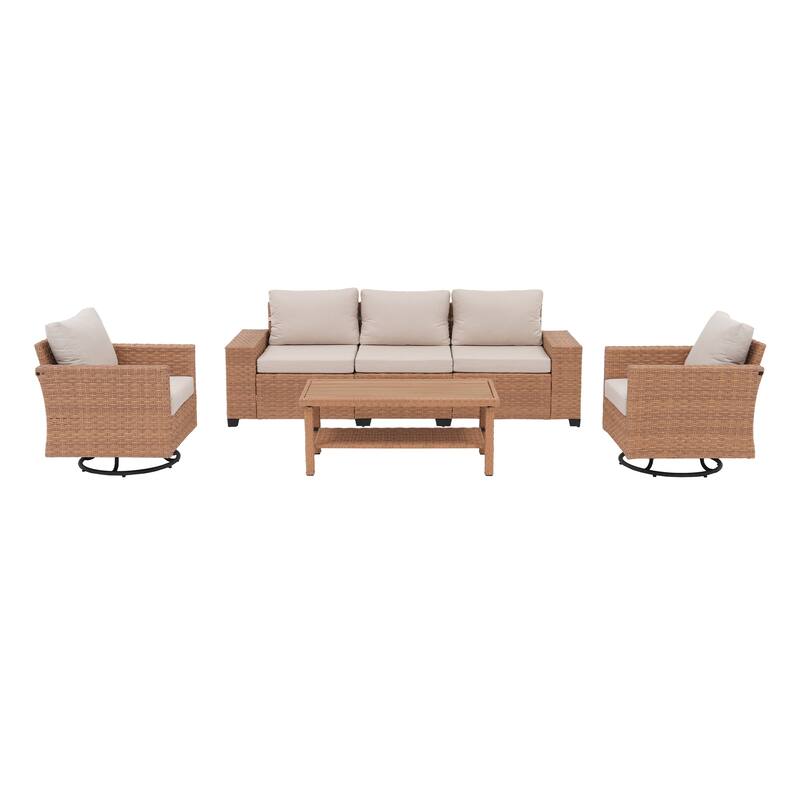 Outdoor Conversation Set 4-Piece with Swivel Chair and 3-Seater Sofa with Cushion and Coffee Table PE Wicker Rattan