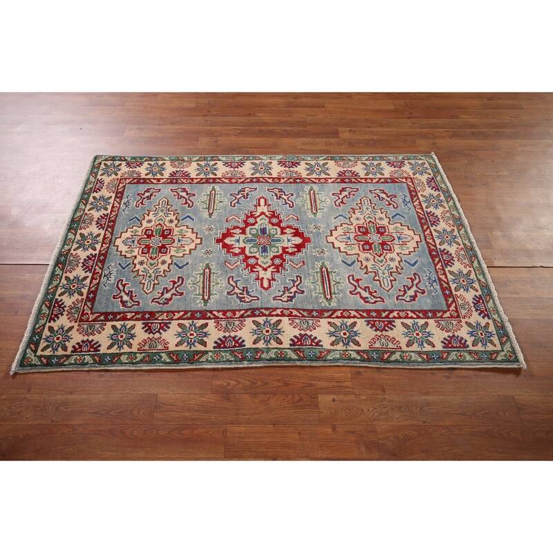 Light Blue Traditional Kazak Foyer Rug Hand-Knotted Wool Carpet - 3'3" x 4'11"
