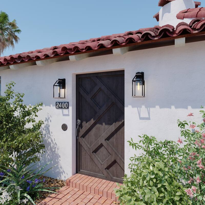 Napier 6.25-in Black Outdoor Farmhouse Wall Lantern, Dusk to Dawn Photocell, Clear Seeded Glass - 6.25-in W x 15-in H x 7.5-in D