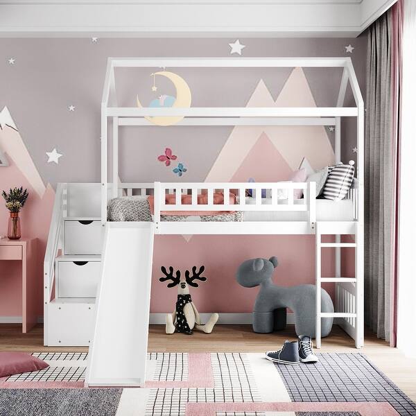 slide 2 of 18, Twin Size Loft Bed with 2 Drawers and Slide, House Bed with Slide, White White