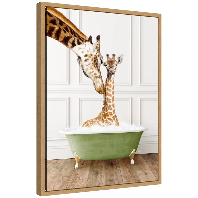 Kate and Laurel Sylvie Mother and Baby Giraffe in Transitional Bathtub Framed Canvas by Amy Peterson - Natural