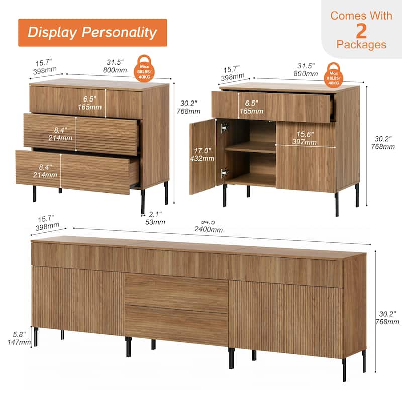 94.5" Modern Reeded Dresser TV Stand For Tvs Up To 100 Inch, Entertainment Center With Drawers