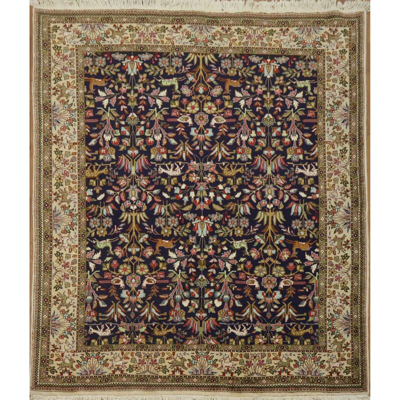 Hand Knotted Oriental 100% Wool Carpet Traditional Animal Pictorial Navy Blue & Blues Tabriz Area Rug - 7' 9'' X 6' 7''