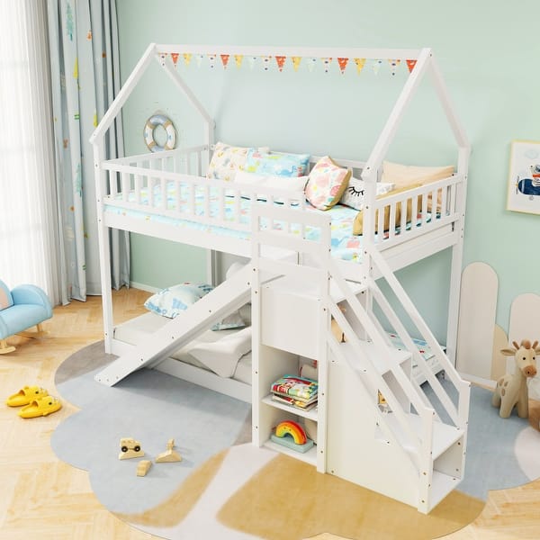slide 2 of 8, White Durable Twin Over Twin Bunk Bed with Slide, Staircase for Kids