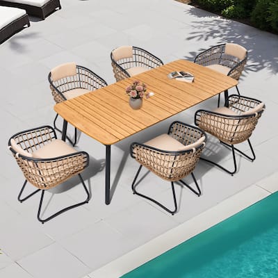 7-PC Outdoor Patio Dining Set Rectangular Aluminum Table with Umbrella Hole with Rattan Chair
