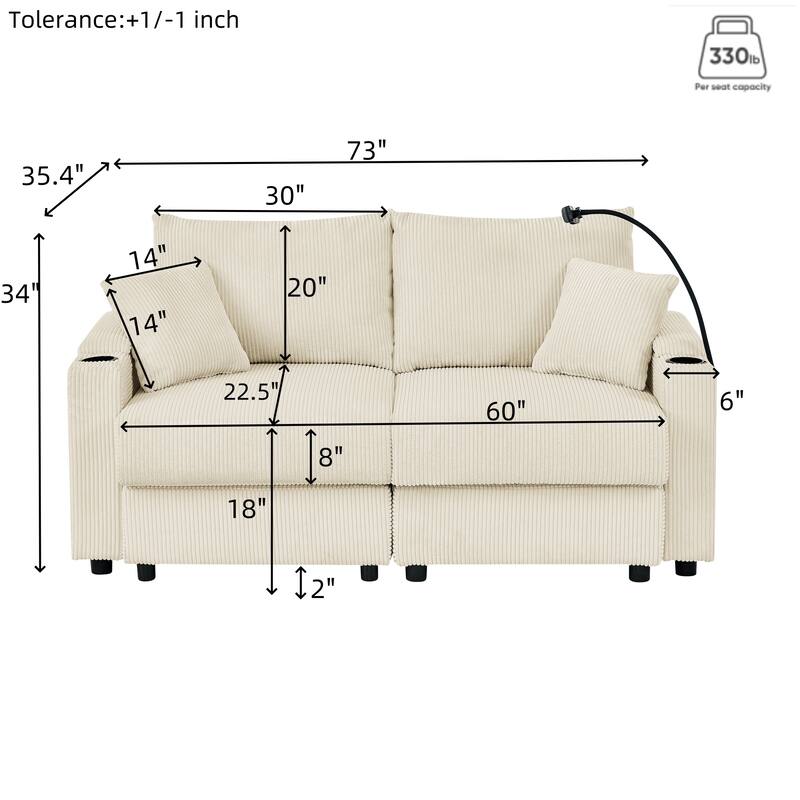 Deep Seat Loveseat Sectional Sofa Corduroy Upholstered Lounge Couch with Ottoman, Storage Armrests, Cup Holders and Phone Stand