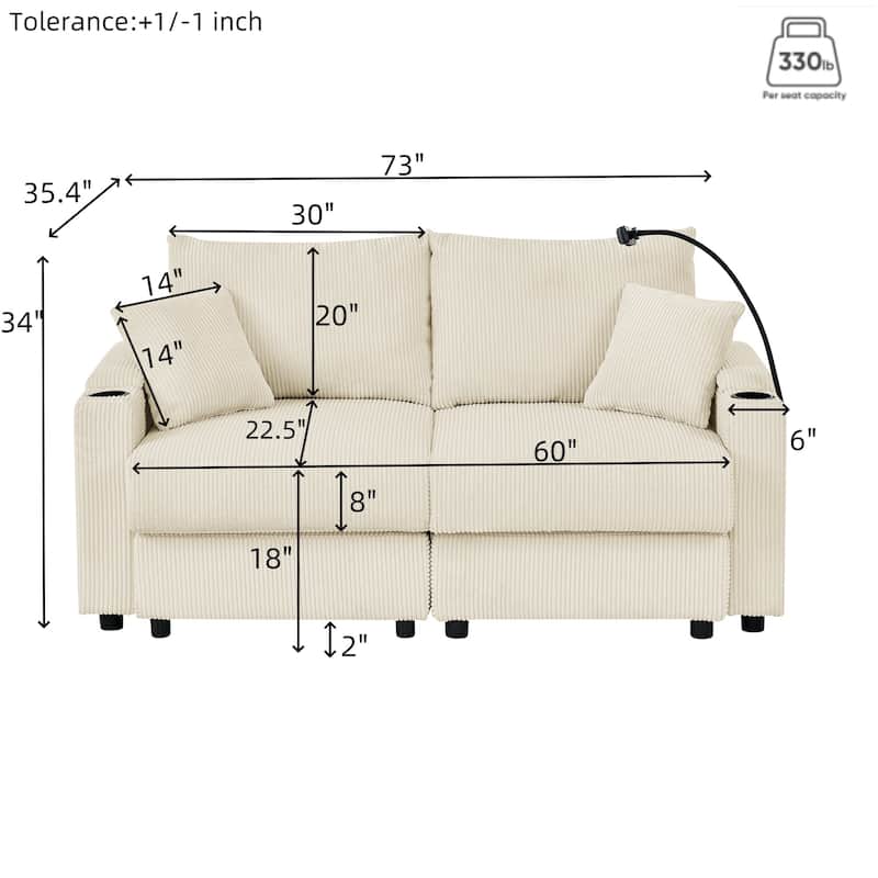 Deep Seat Loveseat Sofa & 3 Seater Couch Set, Corduroy Upholstered Storage Sofa with Cup Holders and Phone Stands, 2pc