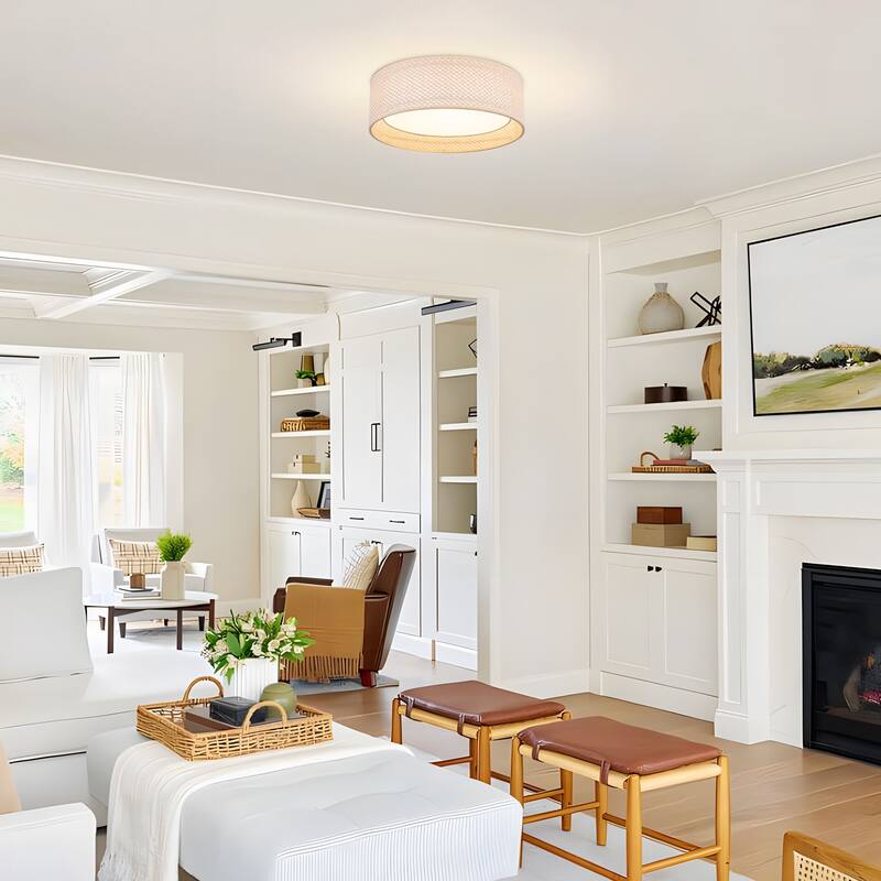 Hand-Woven Rattan Drum Flush Mount Ceiling Light