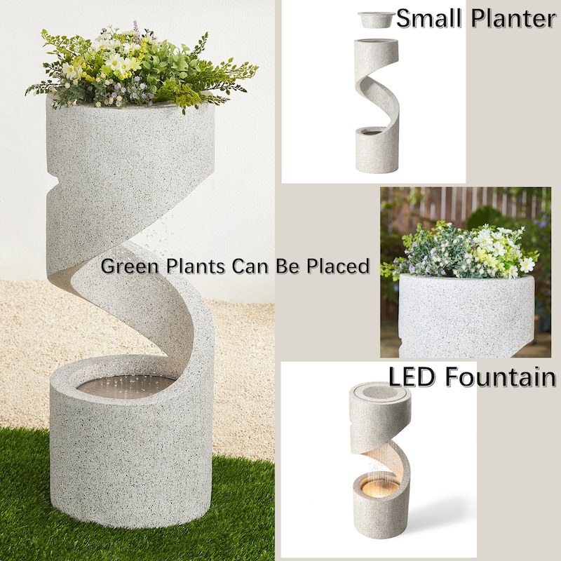 Glitzhome Modern Minimalist Spiral LED Polyresin Outdoor Fountain with Small Planter