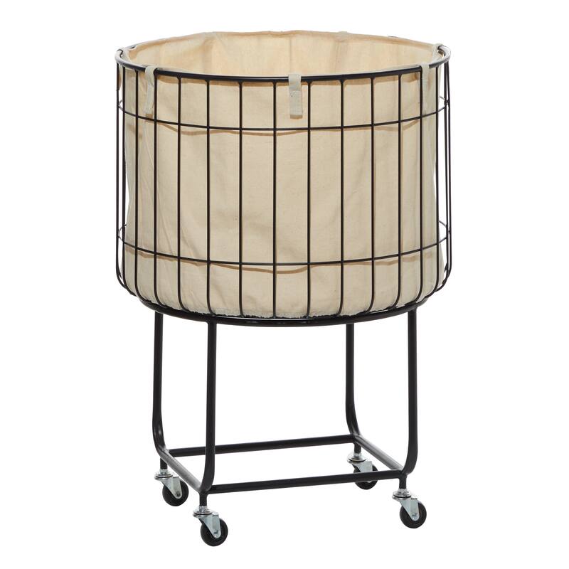 Black Metal Deep Set Wire Basket Storage Cart with Wheels and Fabric Lining