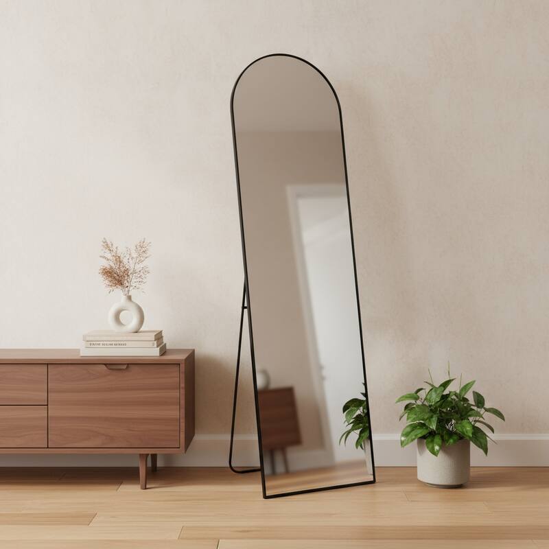 HomeRoots 59" Black Metal Arch Freestanding and Wall Mount Framed Full Length Mirror - 16.00 in. x 59.00 in. x 0.50 in. - 16.00 in. x 59.00 in.  x 0.50 in.