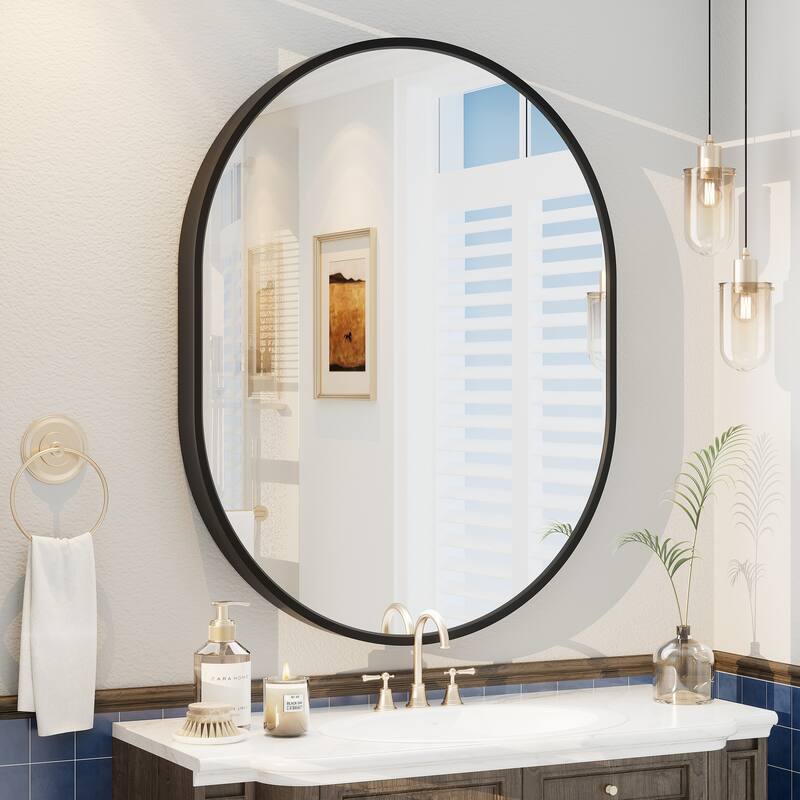 KIOTEE Oval Black Aluminum Alloy Framed French Cleat Mounted Wall Decor Bathroom Vanity Mirror with 5-Year Warranty - 28x36