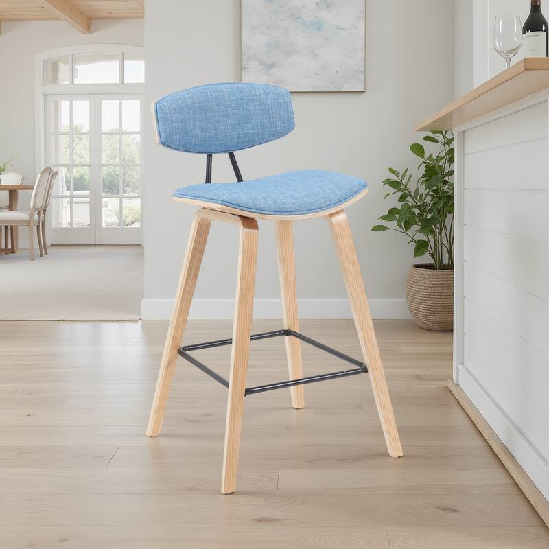 Fox Mid-Century Bar Stool, Upholstered Counter Height Chair with Bentwood Legs - Light Blue & Oak - Bar Height