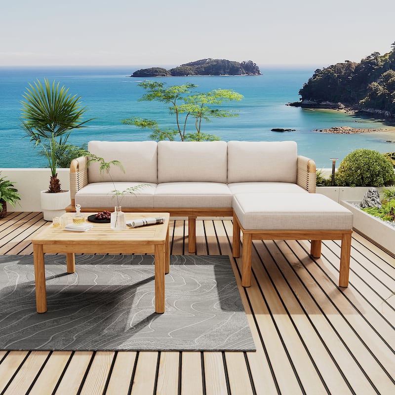 Wooden Recliner Sectional Sofa with Ottoman Chaise Lounge and Table - Teak Beige 3 PCS