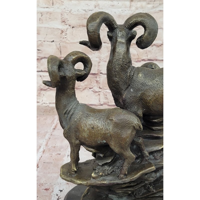 Trio Of Mountain Rams Bronze Sculpture On Marble Base For Rustic Wildlife Decor