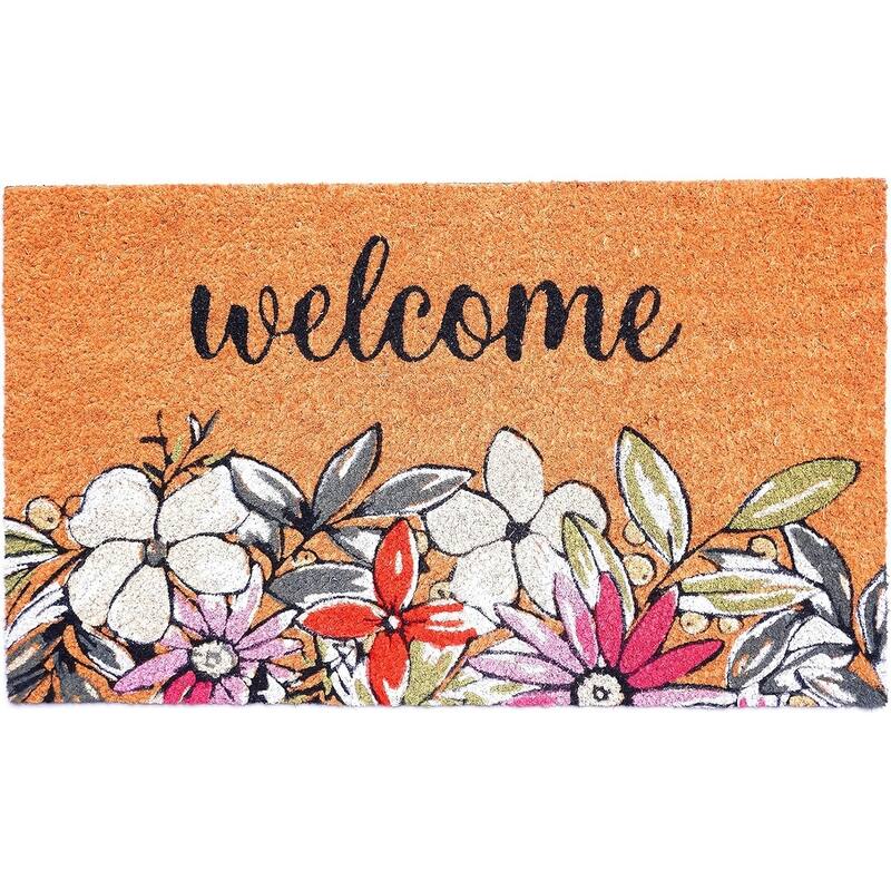 HomeRoots 20" X 34" Brown Black And White Floral Welcome Outdoor Coir Door Mat - 20.00' X '34.00