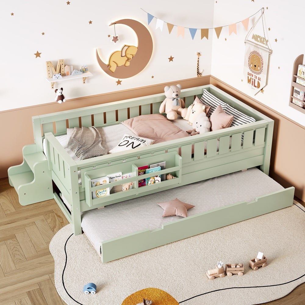 Montessori Toddler Bed with Fence, Low Profile Platform Bed for Kids with Trundle, Built-in Bookshelf and Small Staircase