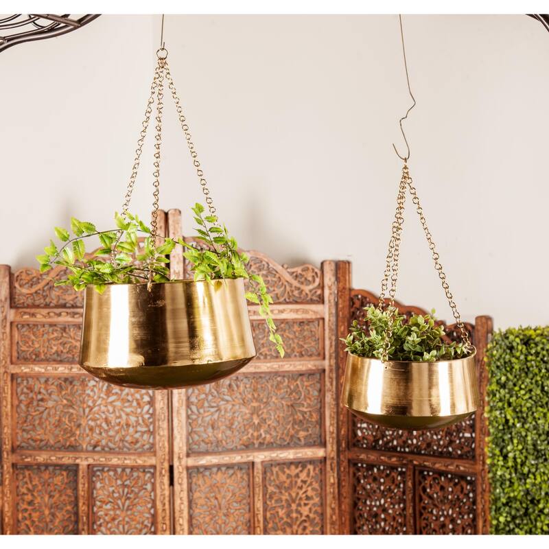 Metal Indoor Outdoor Hanging Dome Indoor Outdoor Wall Planter with Chain - Set of 2 Silver, Gold, Black - Roche River Decor