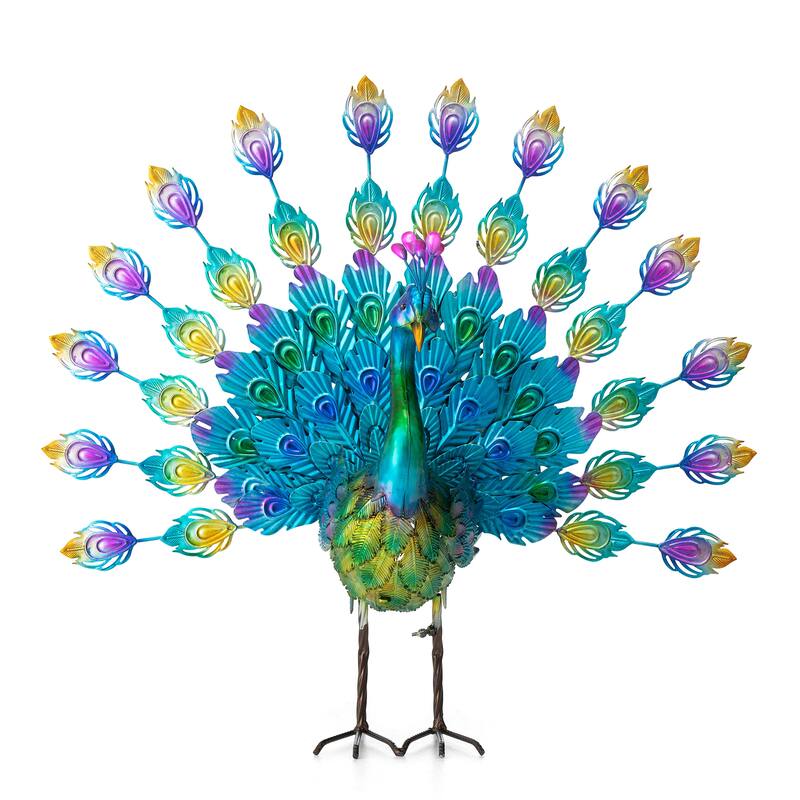 Glitzhome Metal Standing Peacock Garden Statue with Stakes for Indoor Outdoor