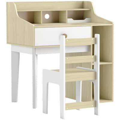 Kids Desk and Chair Set with Storage Shelves and Drawer MDF White and Natural Wood for Study and Art Projects Ages 3 to 10