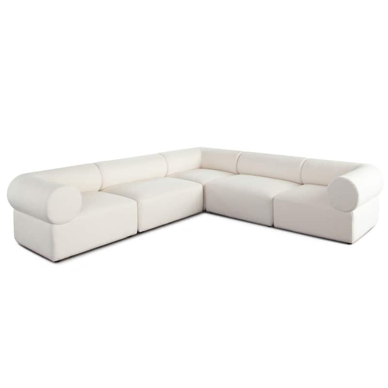 Zey 5pc Modular Corner L Sectional Sofa, Ivory Sherpa Fabric, 120 Inch