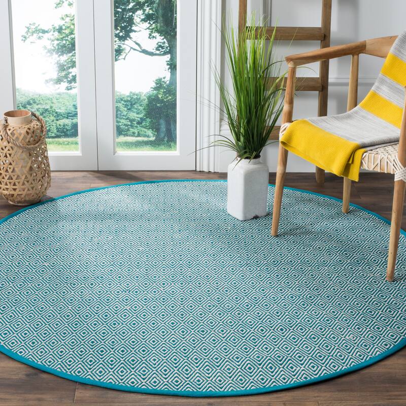SAFAVIEH, Handmade Flatweave Montauk Brice Casual Cotton Rug - 4' Round - Ivory/Turquoise