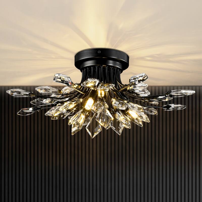 4-Light Modern Industrial Linear Cluster Crystal Flush Mount Light Sputnik Ceiling Light for Dining Room