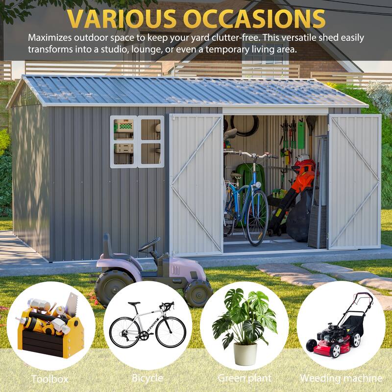 GDFStudio - Cassandra Large Outdoor Metal Storage Shed with Lockable Doors for Secure Vehicle and Equipment Storage