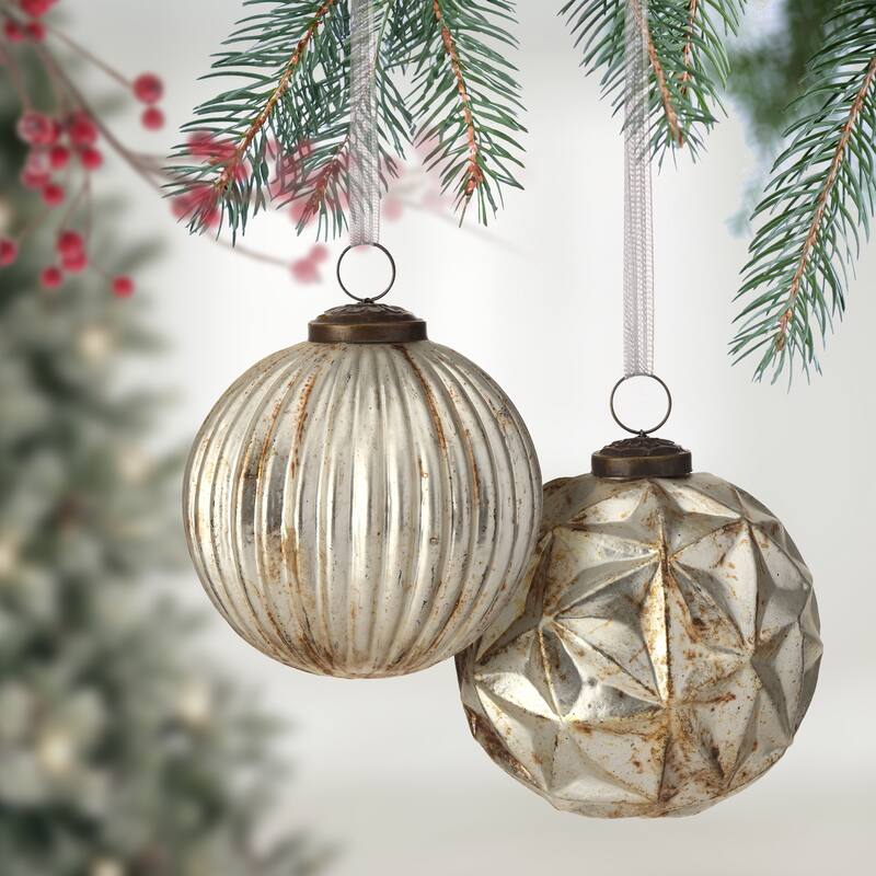 4" Ridged Glass Ball Ornament Set of 4