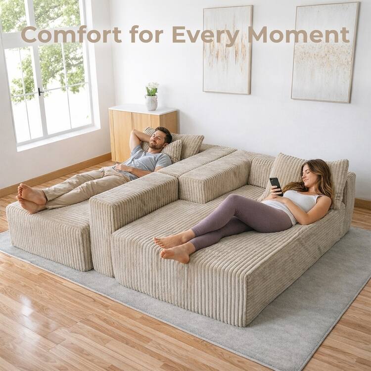 110" Modular Cloud Couch Sectional Sofa - Deep Seat Corduroy L-Shape Couch - Boneless Compressed Sofa