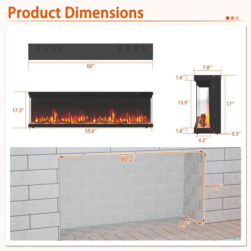 Black 3-Sided Electric Fireplace with Remote and Panoramic Tempered Glass Flames 5000 BTU Heater