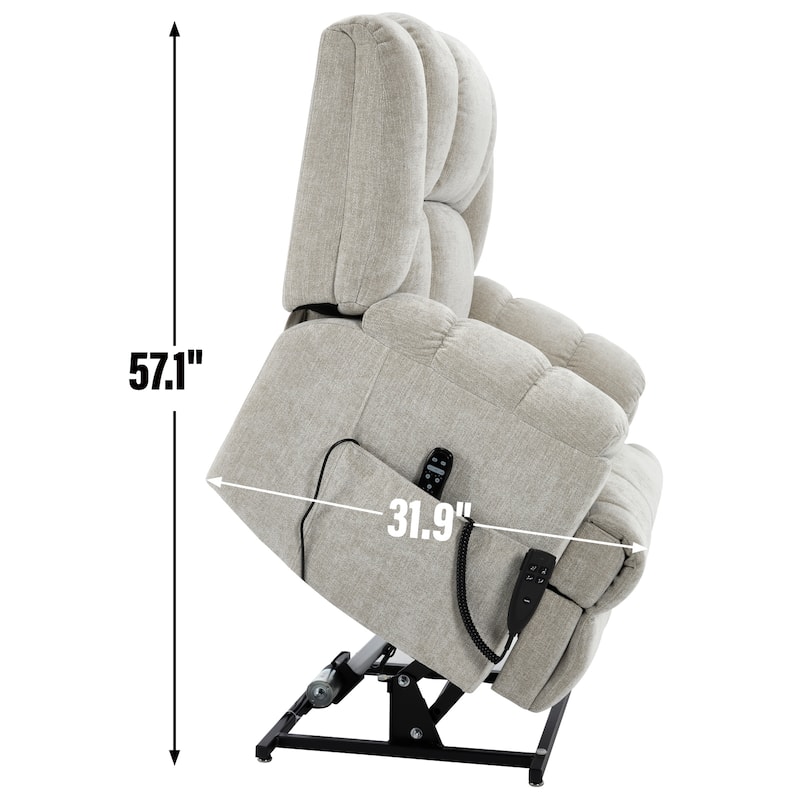 Beige Chenille Power Lift Recliner Chair with Dual Motor Massage Lumbar Heat
