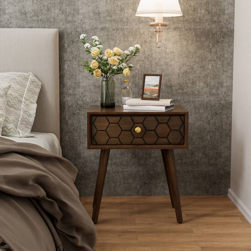 SUNBURY Morden Brown Nightstand with Drawer (Set of 2) - Honeycomb - 1-drawer