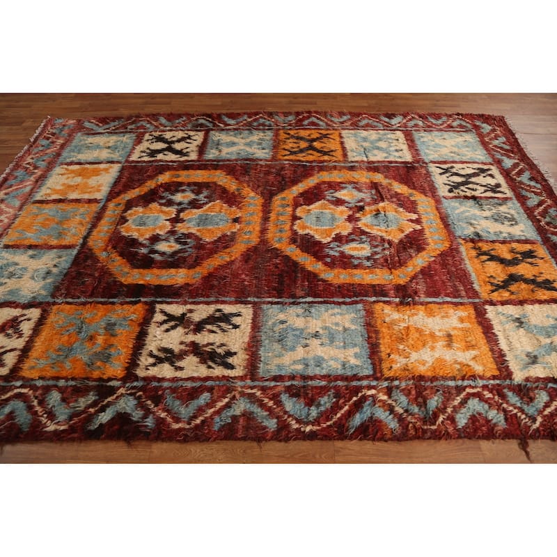 Hand Knotted Oriental 100% Wool Carpet Modern Tribal Red Moroccan Area Rug - 9' 9'' X 6' 8''