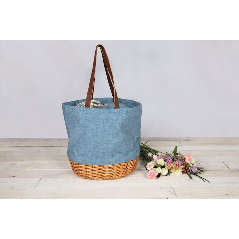 Picnic Time Coronado Canvas and Willow Basket Tote, (Chambray with Beige Accents)