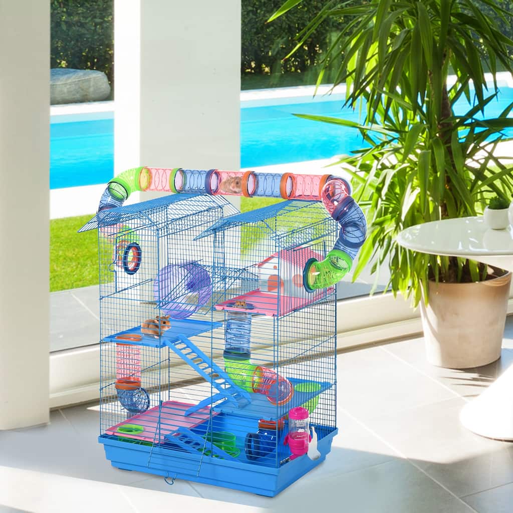 PawHut 5 Tiers Hamster Cage Animal Travel Carrier Habitat with Exercise Wheels Tube Water Bottle Dishes House Ladder - Multi