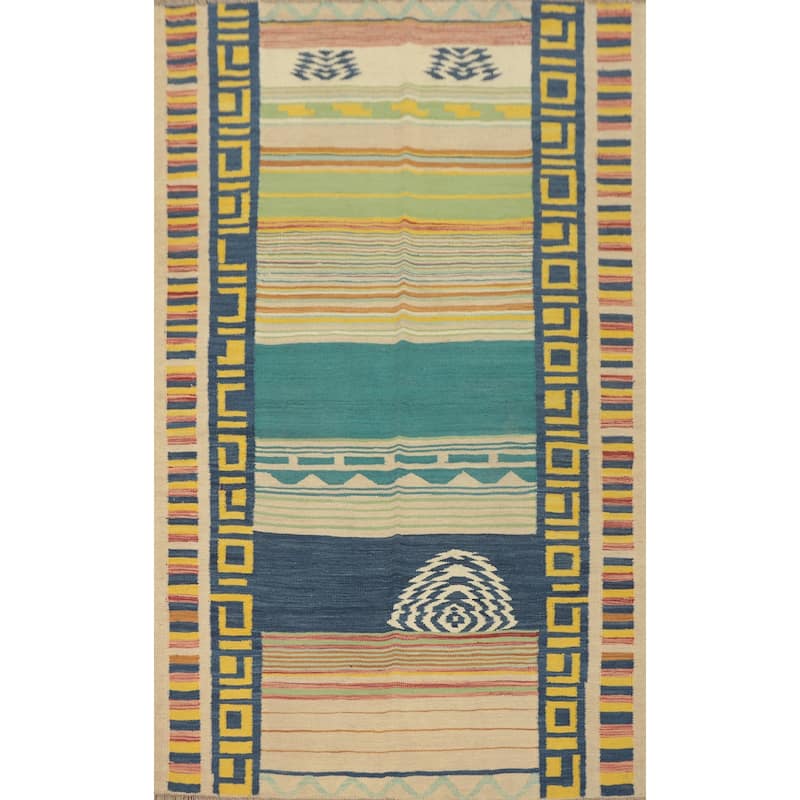 Hand Woven Oriental 100% Wool Carpet Southwestern Tribal Multi-Colored Kilim Area Rug - 5' 10'' X 4' 3''
