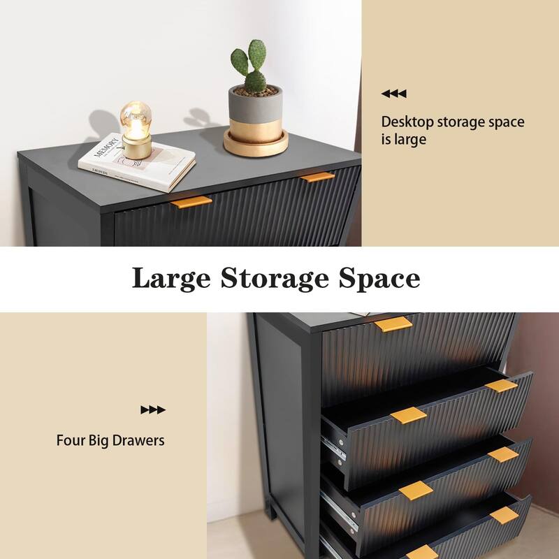 4 Drawer Fluted Dresser for Bedroom, Modern Wood Chest with Gold Handles, Narrow Storage Cabinet or TV Stand