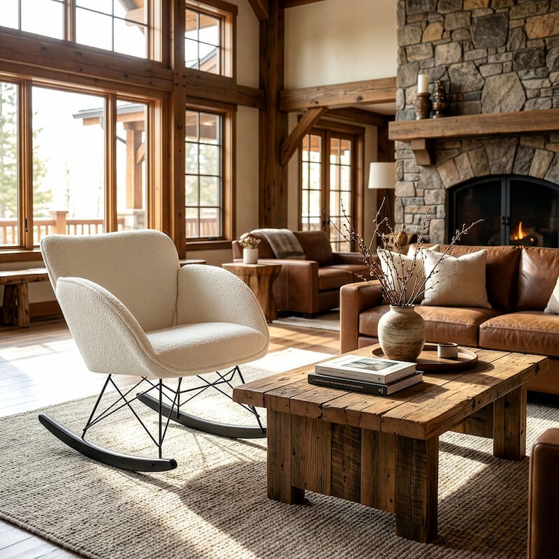 Ayan White Boucle Rocking Chair with Black Legs