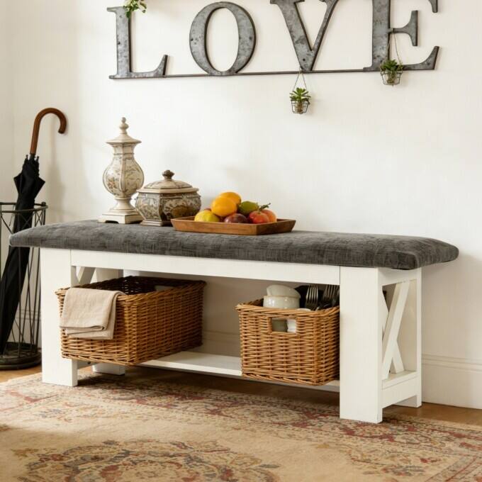 47.24" Entryway Shoe Storage Bench,End of Bed Bench with Cushion - Grey&White